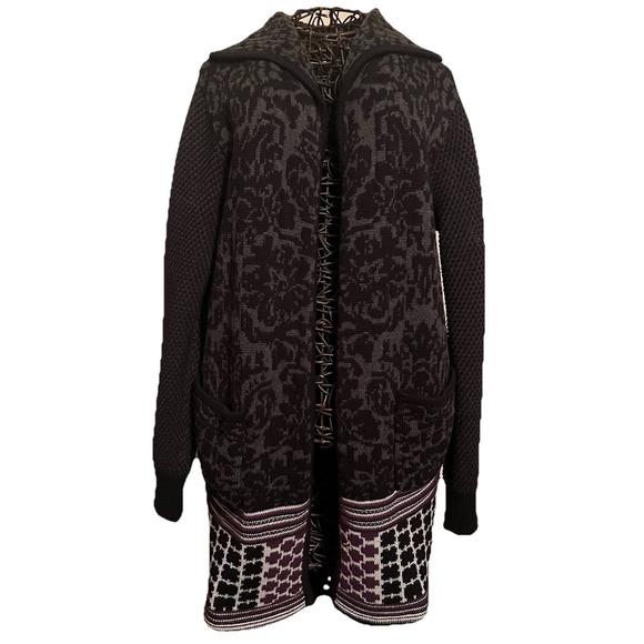 BYLYSE SPENARD Sweaters - Y2K Open Front Cardigan Black Grey Purple Print Sz M Pockets Ribbed Collar Cozy